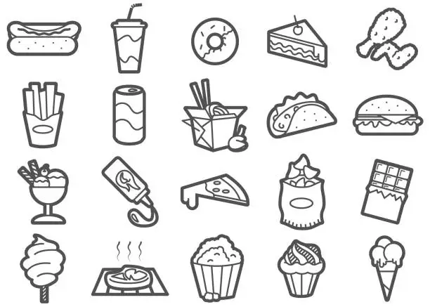 Vector illustration of Junk Food Line Icons Set