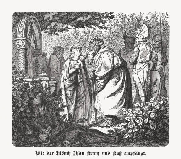 Ilsan is honored (Rosengarten zu Worms), wood engraving, published 1900 The monk Ilsan receives a garland and a kiss from a maiden. Szene from the anonymous Middle High German heroic epic The Rose garden at Worms (German: Der Rosengarten zu Worms, 13th century) in the cycle of Dietrich von Bern. Wood engraving, published in 1900. black knight stock illustrations