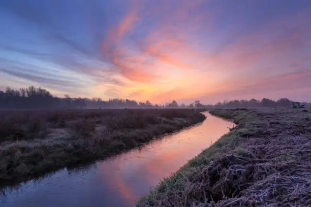 Tranquil, pink dawn at a ditch in the Dutch countryside. Groningen, Holland.