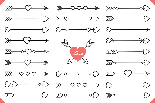 24 Hand drawn arrows with hearts, design elements for Valentine's day and wedding, vector eps10 illustration