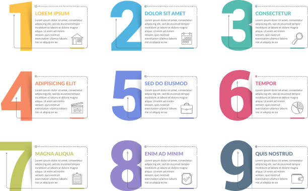 Numbers Set of nine numbers with place for your text, can be used as steps, options, process design, workflow, vector eps10 illustration number of people stock illustrations