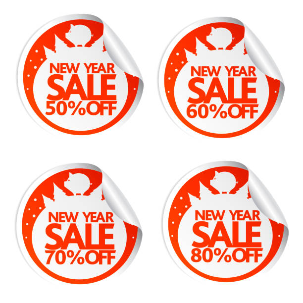 ilustrações de stock, clip art, desenhos animados e ícones de new year sale stickers 50,60,70,80 with pig - 60 70 year old