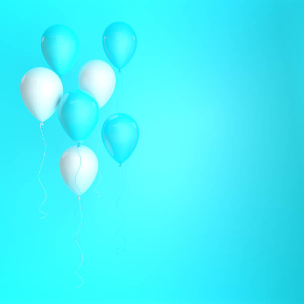 istock 3d render illustration of realistic blue and white balloons on blue background. Empty space for birthday, party, promotion social media banners, posters. 1077596048
