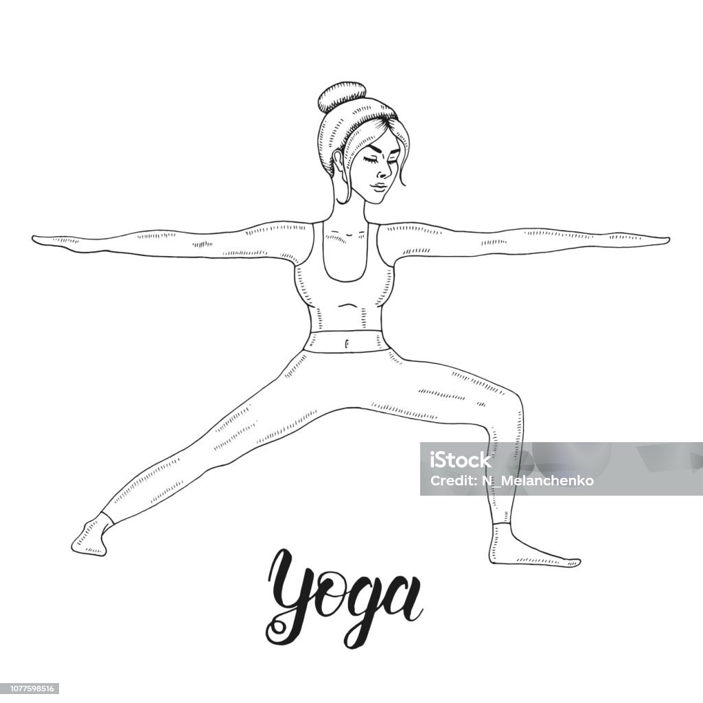 Young girl practicing yoga, Virabhadrasana II pose. Women standing in Warrior Two exercise.  Sketch style. Handwritten lettering. Fitness and Sport Adult stock vector