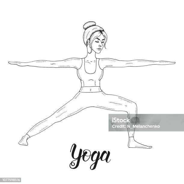 Young Girl Practicing Yoga Virabhadrasana Ii Pose Women Standing In Warrior Two Exercise Sketch Style Handwritten Lettering Fitness And Sport Stock Illustration - Download Image Now