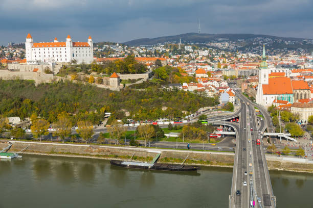 istock Bratislava town historical center with the Danube river 1077600502