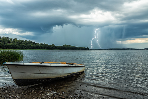 Dramatic lake panorama with passing storm clouds
