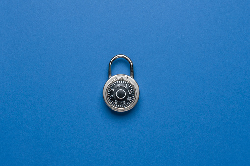 Dial Metal Combo Lock Front View locked on blue background used