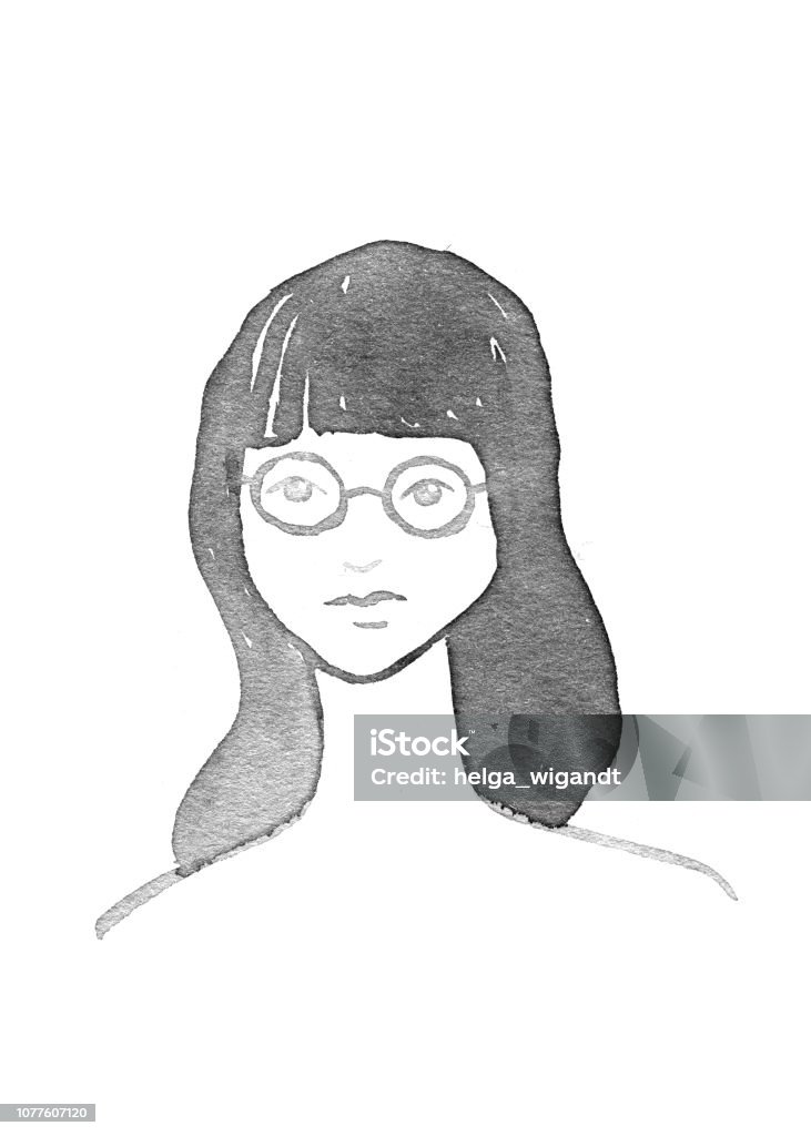 Young pretty woman with short haircut. Simple portrait painted with watercolor. Black and white illustration. Watercolor Painting stock illustration