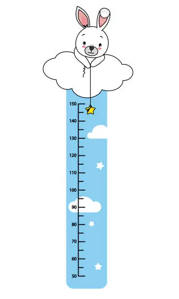 Vector illustration of child wall meter. rabbit in a cloud catching stars