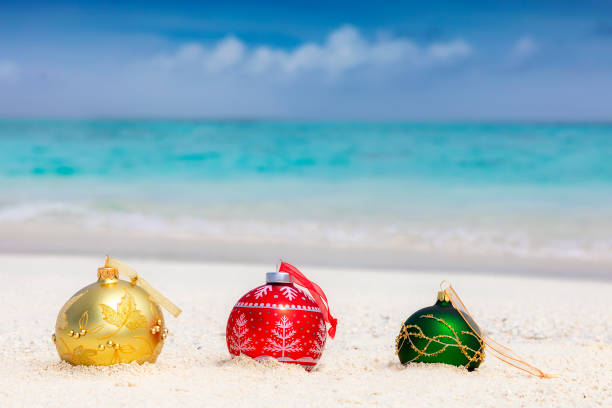 istock Christmas decorations on a tropical beach 1077612742