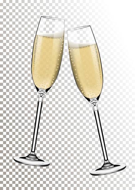 ilustraciones, imágenes clip art, dibujos animados e iconos de stock de vector de feliz año nuevo con copas de champagne sobre fondo transparente en estilo realista de tostado. tarjeta de felicitación o invitación de la fiesta con ilustración brillante oro. - champagne