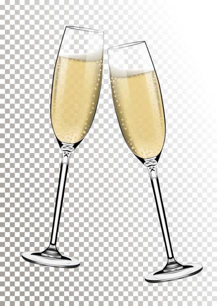 illustrazioni stock, clip art, cartoni animati e icone di tendenza di vector happy new year con bicchieri tostati di champagne su sfondo trasparente in stile realistico. biglietto d'auguri o invito alla festa con illustrazione dorata brillante. - champagne flute