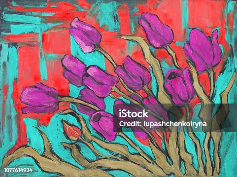 istock Fashionable illustration modern art work my original oil painting on canvas still life blooming purple tulips 1077614934