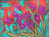 istock Fashionable illustration modern art work my original oil painting on canvas still life blooming purple tulips 1077614934