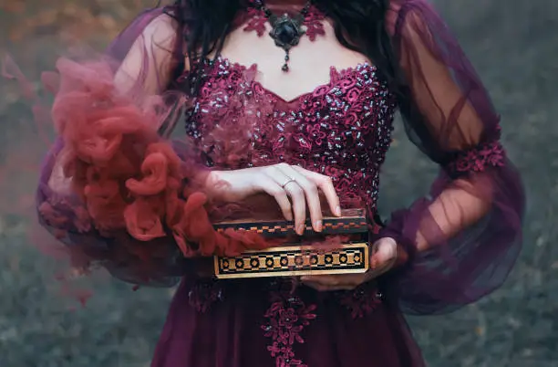 legend of Pandora's box, girl with black hair, dressed in a purple luxurious gorgeous dress, an antique casket opened, produces red smoke outside, along with diseases and curses. no face on art photo.