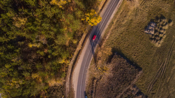 istock Aerial view of the road through fall forest 1077618830