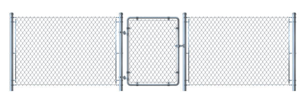 ilustraciones, imágenes clip art, dibujos animados e iconos de stock de cerca de alambre de metal realista y puerta detallada ilustración aislada sobre fondo blanco. - metal gates
