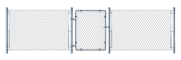 Realistic metal wire fence and gate   detailed illustration isolated on white background. Realistic metal wire fence and gate   detailed illustration isolated on white background. burglar bars stock illustrations