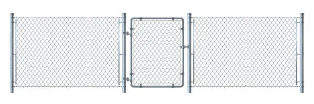 Vector illustration of Realistic metal wire fence and gate   detailed illustration isolated on white background.
