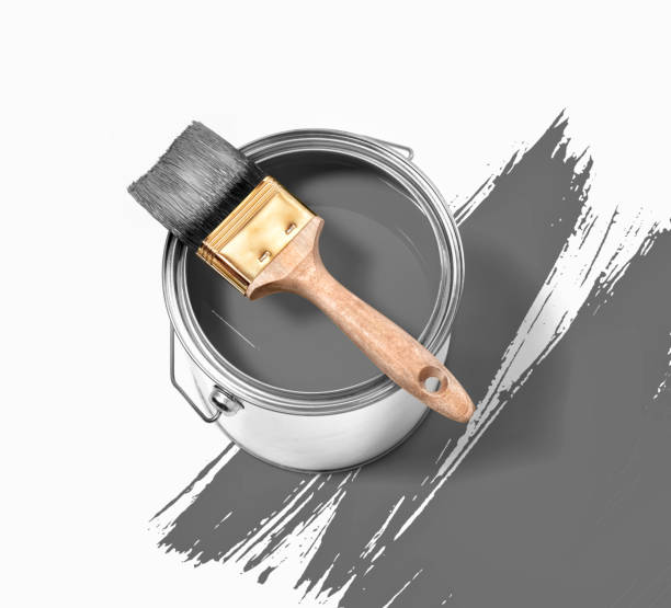 istock Grey paint tin can with brush on top white background with grey strokes 1077620352