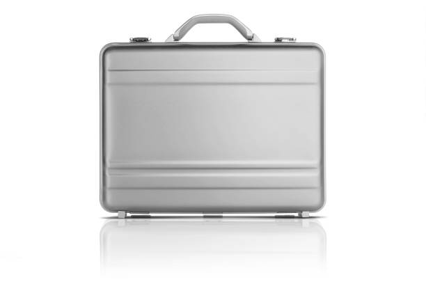 istock Light grey metal suitcase isolated on white background 1077620374