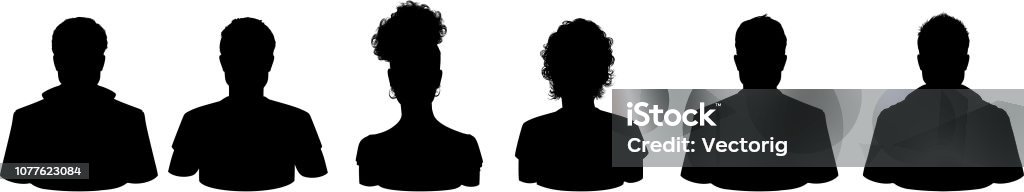 People Profile Silhouettes Variation of Head Silhouette front and side view isolated on white background highly detailed In Silhouette stock vector