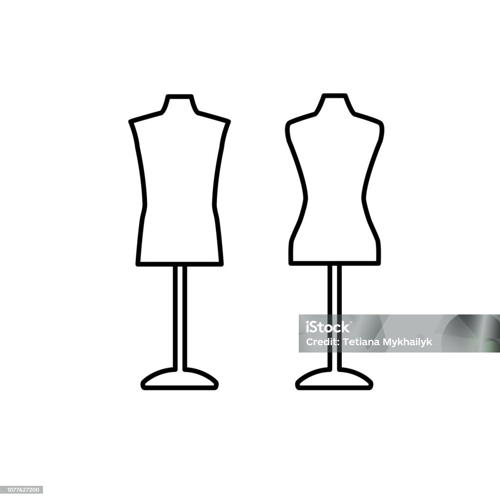 Black & white illustration of female & male mannequin. Tailor dressmaker dummy. Vector line icon of dress form. Isolated object Black & white illustration of female & male mannequin. Tailor dressmaker dummy. Vector line icon of dress form. Isolated object on white background Mannequin stock vector