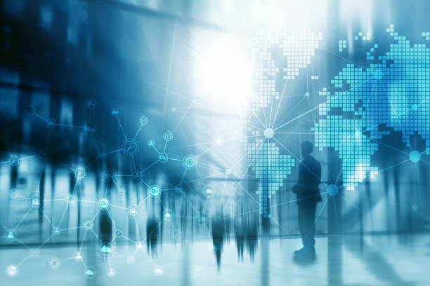 istock Double exposure mixed media. Diagrams, icons and relations structure on hologram screen. Business people and modern city on background. 1077629532