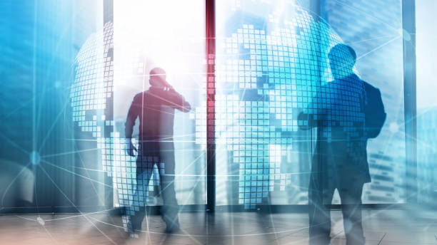 istock 3D Earth hologram on blurred background.Global business and communication concept. 1077629732