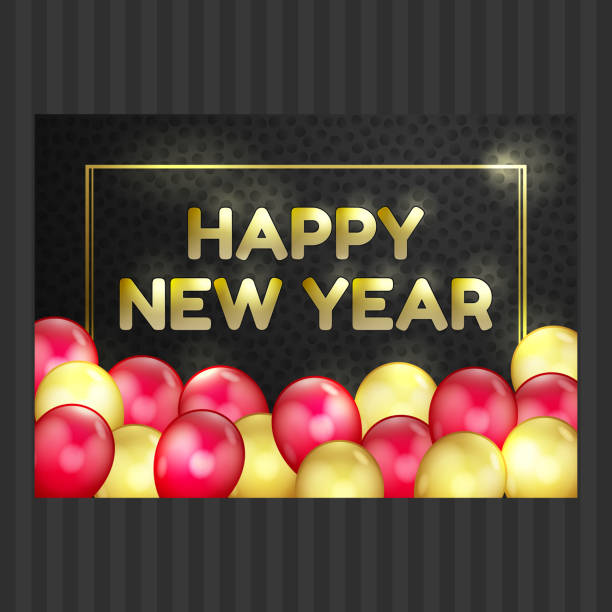 istock Happy New Year, Christmas card, gold, red balloons 1077630132