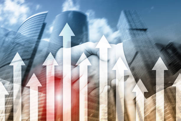 istock Up arrow graph on skyscraper background. Invesment and financial growth concept. 1077630242
