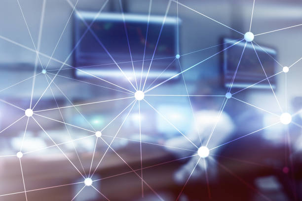 istock Blockchain network on blurred skyscrapers background. Financial technology and communication concept. 1077630286