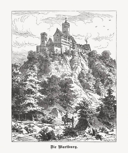 Wartburg castle during the Middle Ages, wood engraving, published 1900 The Wartburg castle during the Middle Ages. Wood engraving, published in 1900. black knight stock illustrations