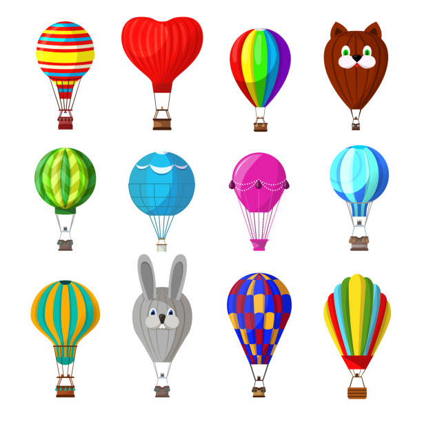 풍선 벡터 만화 공기 풍선 또는 aerostat 바구니 날아간 다 - heat mid air flying float stock illustrations