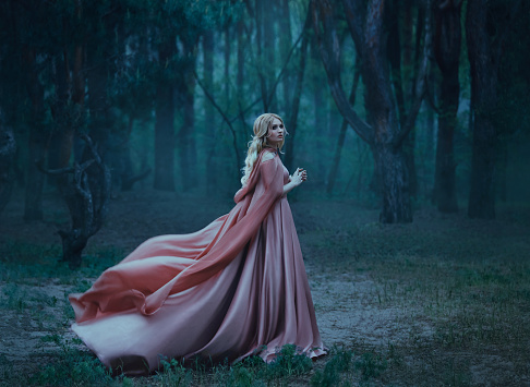 A mysterious blonde girl in a long pink dress with a train and a raincoat that flutters in the wind. The wizard leaves in a forest covered with fog. A background of trees with a haze away. Art photo.