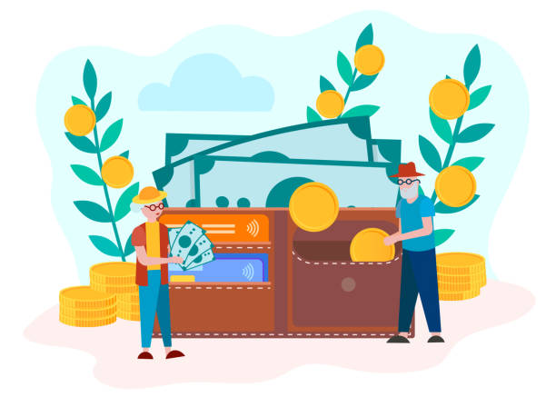 Pensioners put banknotes and coins in the purse, savings in old age. The concept of the Deposit  Accumulation Contribution to the pension account, the Savings of Pensioners. Pensioners put banknotes and coins in the purse, savings in old age. Vector illustration. retirement plan document stock illustrations