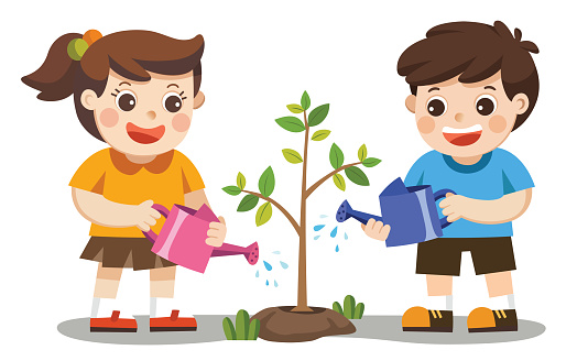 Isolated vector. Cute kids volunteers planted and watering young trees. Save The Earth.