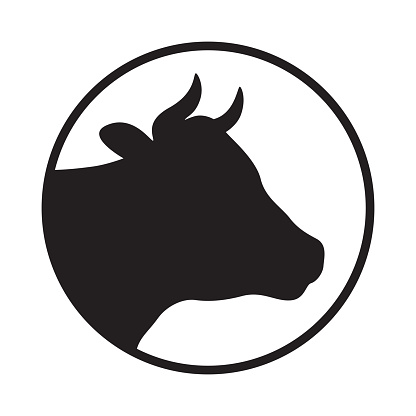 Sign head cow. Isolated black silhouette head cow in the circle on white background. Vector illustration