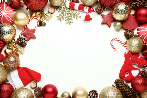 istock Colorful christmas decorations on white background 1077653226
