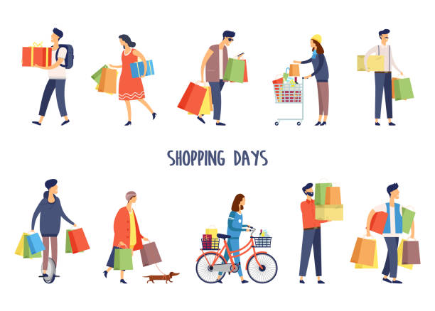 People at supermarket doing shopping.Man and woman Set of isolated people while shopping. Man with gift and woman with cart, female holding pack of grocery and male with bag. Flat person or character at store or shop, mall or supermarket.Purchase, buy buying illustrations stock illustrations