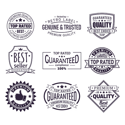 Set of isolated retro brand logo. Vintage certificate stamp for best seller, sign or tag with star, crown and ribbon, premium quality assurance for product, classic company badge. Trade and sale theme