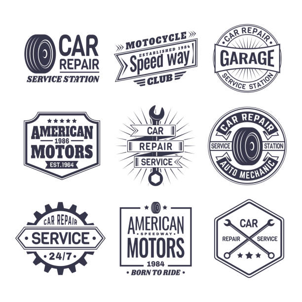 logo für auto-reparatur-service-station, wartung - vintage toning stock-grafiken, -clipart, -cartoons und -symbole