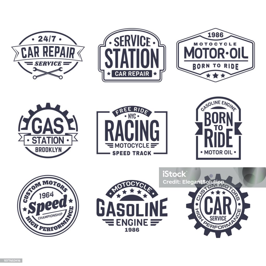 Etiquetas para posto de gasolina, serviço de reparo do carro, corrida - Vetor de Logotipo royalty-free