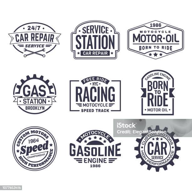 Vetores de Etiquetas Para Posto De Gasolina Serviço De Reparo Do Carro Corrida e mais imagens de Logotipo