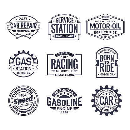 Set of isolated logo for car repair service station and motor oil maintenance labels, retro racing club icon and vintage gas station sign, american motors logotype. Vehicle and automobile theme