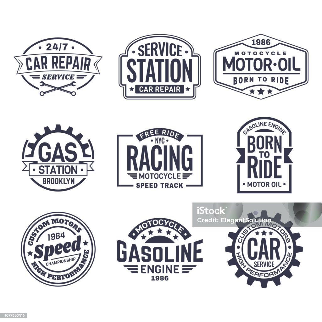 Labels for gas station,car repair service,racing Set of isolated logo for car repair service station and motor oil maintenance labels, retro racing club icon and vintage gas station sign, american motors logotype. Vehicle and automobile theme Logo stock vector