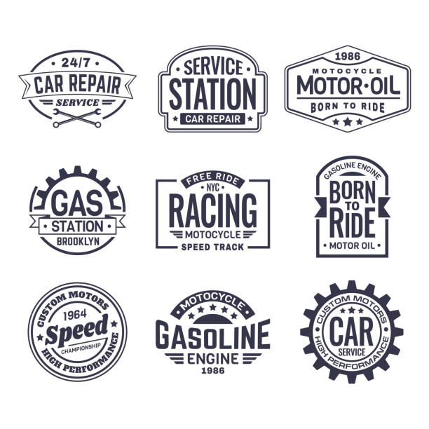 Labels for gas station,car repair service,racing Set of isolated logo for car repair service station and motor oil maintenance labels, retro racing club icon and vintage gas station sign, american motors logotype. Vehicle and automobile theme mechanic stock illustrations