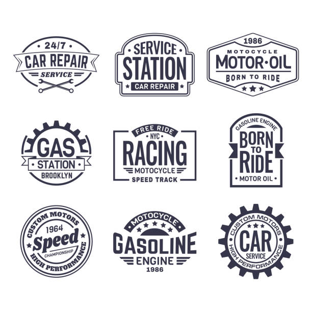 Labels for gas station,car repair service,racing Set of isolated logo for car repair service station and motor oil maintenance labels, retro racing club icon and vintage gas station sign, american motors logotype. Vehicle and automobile theme used motorcycle parts stock illustrations