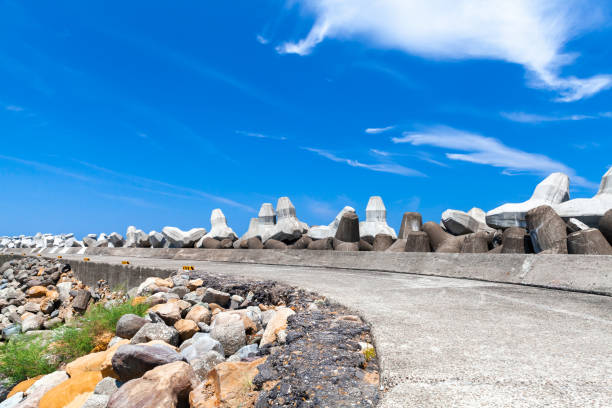 istock Breakwater structure with road and concrete blocks 1077660782